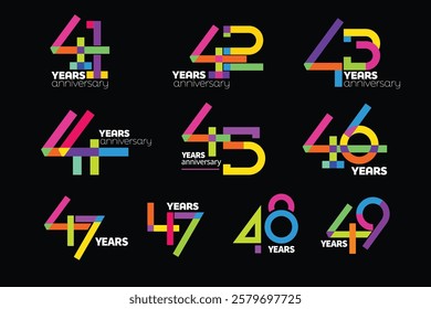 Colorful 41st-49th anniversary numbers set. 41-49 years old logotype. Colorful Number Bundle suit for anniversary logo or event.