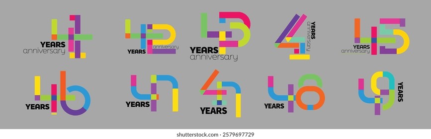 Colorful 41st-49th anniversary numbers set. 41-49 years old logotype. Colorful Number Bundle suit for anniversary logo or event.