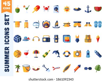 Colorful 45 Summer Icons in Flat Style.