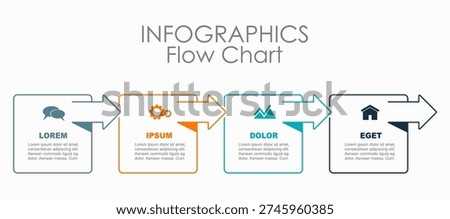 Colorful 4-step infographic with labels, icons, text for business processes, presentations, timelines. Vector illustration.
