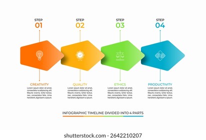 Modelo de vetor infográfico colorido de 4 etapas da linha do tempo. Layout simples e mínimo, ideal para apresentações, relatórios, planejamento de estratégia ou visuais corporativos. Totalmente editável e escalável.