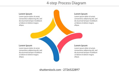 Colorida Plantilla de diagrama de proceso de 4 pasos con forma de estrella y texto de marcador de posición. Imagen Clipart aislada en el fondo.