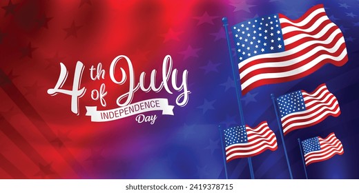 Colorful 4th of July, Happy Independence Day Banner Vector illustration, USA flags waving on red-blue star pattern background. Vector illustration.