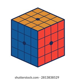 Colorful 4x4 combination puzzle cube toy in flat vector illustration. Perfect for logic game assets, brain training educational materials, problem solving graphics, and leisure activity icons.