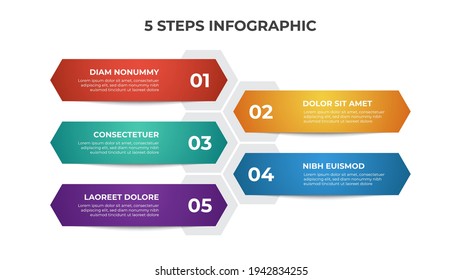 Farbige 5 Stufen, mit hexagonalem Listenlaydiagramm, Vorlage für Infografiken