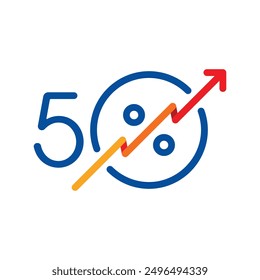 colorful 50 percent concept on white background. red arrow and 50 percent concept