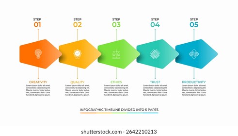 Modelo de vetor de linha de tempo infográfico colorido de 5 etapas. Layout simples e mínimo, ideal para apresentações, relatórios, planejamento de estratégia ou visuais corporativos. Totalmente editável e escalável.
