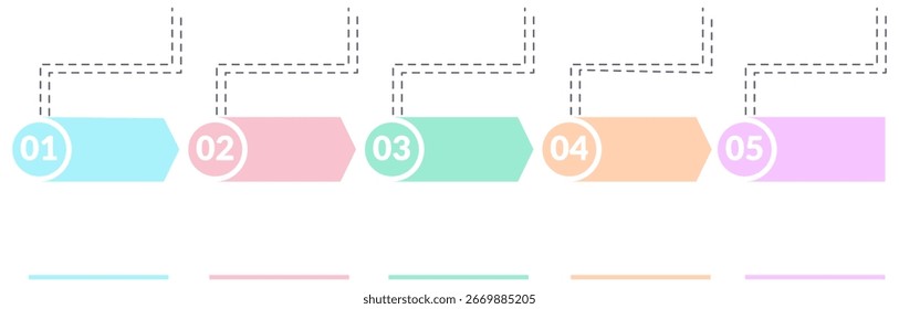 Colorful 5-step vector template for infographics and diagrams. Minimal flat design with dashed lines and pastel arrows on transparent background. Editable outline style suitable for presentations
