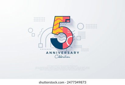 Colorful 5th anniversary design. With modern and clean number illustrations. Premium design for anniversary celebrations.