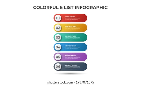 Colorful 6 points of list diagram, infographic element template vector.