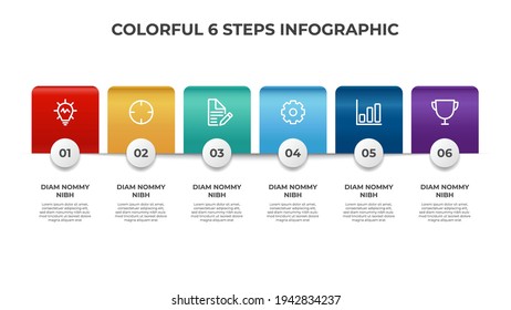 Farbige 6 Punkte des Listendiagramms, Schritte mit horizontalem Layout, Vorlage für Infografiken