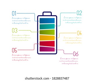Colorful 6 step infographics in battery shape with number and text box