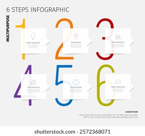 A colorful 6 steps infographic displays a structured plan. Numbers 1 to 6 are highlighted with distinct colors, emphasizing a multipurpose and clear design. Ideal for visual presentations.