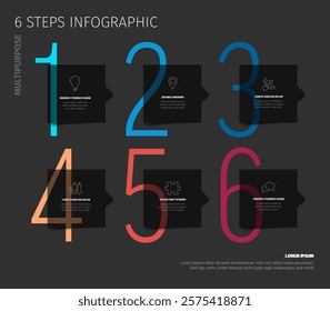 A colorful 6 steps infographic displays a structured plan. Numbers 1 to 6 are highlighted with distinct colors, emphasizing a multipurpose and clear design. Ideal for visual presentations