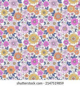 Colorful 60s -70s style retro hand drawn floral pattern. Multicolored flowers. Vintage seamless vector background. Hippie style, print  for fabric, swimsuit, fashion prints and surface design. Stock.