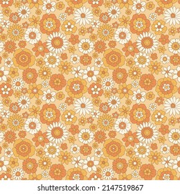 Colorful 60s -70s style retro hand drawn floral pattern. Beige white flowers. Vintage seamless vector background. Hippie style, print  for fabric, swimsuit, fashion prints and surface design. Stock.