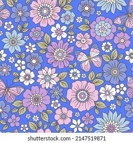 Colorful 60s -70s style retro hand drawn floral pattern. lilac purple  flowers. Vintage seamless vector background. Hippie style, print  for fabric, swimsuit, fashion prints and surface design. Stock.