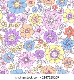 Colorful 60s -70s style retro hand drawn floral pattern. Multicolored flowers. Vintage seamless vector background. Hippie style, print  for fabric, swimsuit, fashion prints and surface design. Stock.