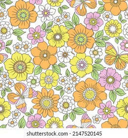 Colorful 60s -70s style retro hand drawn floral pattern. Yellow orange flowers. Vintage seamless vector background. Hippie style, print  for fabric, swimsuit, fashion prints and surface design. Stock.