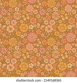 Colorful 60s -70s style retro hand drawn floral pattern. Multicolored flowers. Vintage seamless vector background. Hippie style, print  for fabric, swimsuit, fashion prints and surface design. Stock.