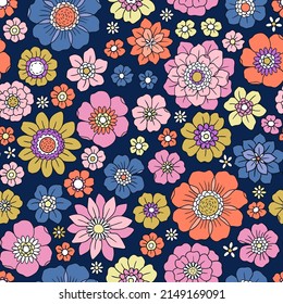 Colorful 60s -70s style retro hand drawn floral pattern. Multicolored flowers. Vintage seamless vector background. Hippie style, print  for fabric, swimsuit, fashion prints and surface design. Stock.