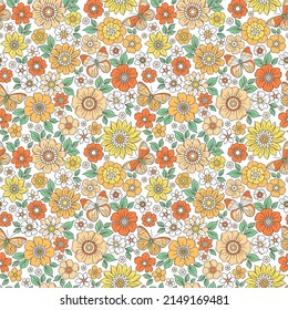 Colorful 60s -70s style retro hand drawn floral pattern. Amazing seamless floral pattern with bright colorful flowers and leaves on a dark white background. The elegant the template for fashion prints