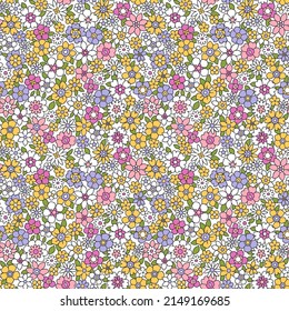 Colorful 60s -70s style retro hand drawn floral pattern. Multicolored flowers. Vintage seamless vector background. Hippie style, print  for fabric, swimsuit, fashion prints and surface design. Stock.