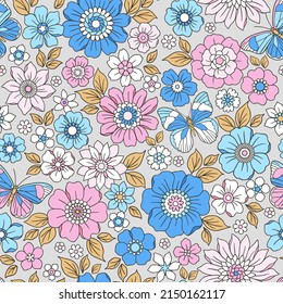 Colorful 60s -70s style retro hand drawn floral pattern. Vintage seamless floral pattern. Liberty style background of pink and blue flowers. Abstract flowers. Stock vector.