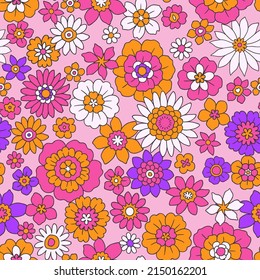 Colorful 60s -70s style retro hand drawn floral pattern. Multicolored flowers. Vintage seamless vector background. Hippie style, print  for fabric, swimsuit, fashion prints and surface design. Stock.