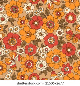 Colorful 60s -70s style retro hand drawn floral pattern. Orange and red flowers. Vintage seamless vector background. Hippie style, print for fabric, swimsuit, fashion prints and surface design. Stock.