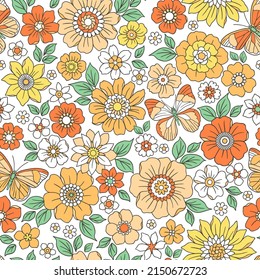 Colorful 60s -70s style retro hand drawn floral pattern. Yellow and orange flowers. Vintage seamless vector background. Hippie style, print for fabric, swimsuit, fashion prints and surface design. 