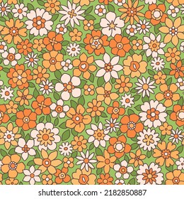 Colorful 60s -70s style retro hand drawn floral pattern. Amazing seamless floral pattern with yellow and white flowers and leaves on a green background. The elegant the template for fashion prints.