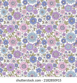 Colorful 60s -70s style retro hand drawn floral pattern. Purple flowers. Vintage seamless vector background. Hippie style, print for fabric, swimsuit, fashion prints and surface design. Stock.