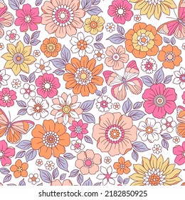 Colorful 60s -70s style retro hand drawn floral pattern. Pink and orange flowers. Vintage seamless vector background. Hippie style, print for fabric, swimsuit, fashion prints and surface design.