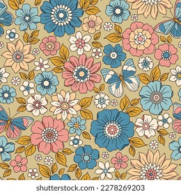 Colorful 60s -70s style retro hand drawn floral pattern. Multicolored flowers. Vintage seamless vector background. Hippie style, print  for fabric, swimsuit, fashion prints and surface design. Stock.