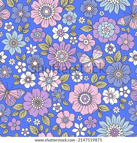 Colorful 60s -70s style retro hand drawn floral pattern. lilac purple  flowers. Vintage seamless vector background. Hippie style, print  for fabric, swimsuit, fashion prints and surface design. Stock.