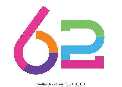 Colorful 62 numbers for 62nd anniversary logo. 62 years old logotype. Colorful 62 Number suit for anniversary logo or event.
