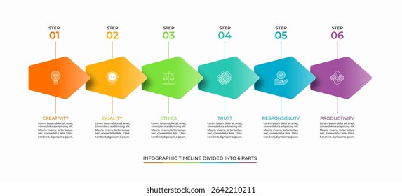 Modelo de vetor de linha do tempo infográfico colorido de 6 etapas. Layout simples e mínimo, ideal para apresentações, relatórios, planejamento de estratégia ou visuais corporativos. Totalmente editável e escalável.