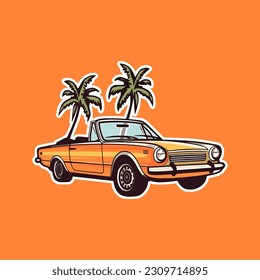 Colorful 70s Classic Car With Palm Tree Background Sticker