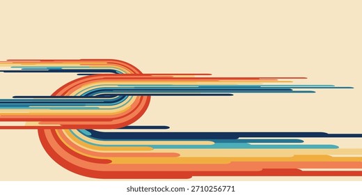 Fundo de vetor retro colorido dos anos 70 com linhas onduladas arco-íris. Papel de parede psicodélico vintage em estilo hippie. Padrão groovy abstrato para cartazes, têxteis, envoltório e arte de parede