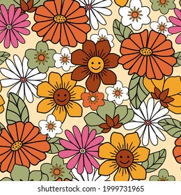 Colorful 70s style retro floral pattern. Vintage background perfect for cards, wallpaper, fabric, textiles, wrapping paper.
