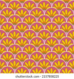 Colorful 70s style retro geometric floral tiled seamless pattern. Perfect for home decor, wrapping paper fabric and wallpaper design.