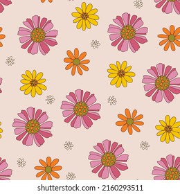 Colorful 70s style retro hand drawn floral pattern. Multicolored flowers on a light pink background. Perfect for home decor, wrapping paper fabric and wallpaper design.