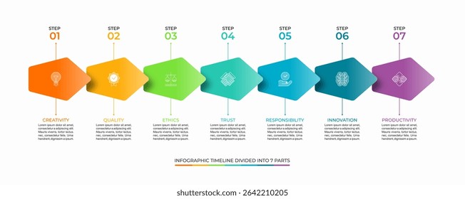 Colorful 7-Step infographic timeline vector template. Clean and minimal layout ideal for presentations, reports, strategy planning, or corporate visuals. Fully editable and scalable.
