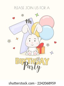 Colorful 7th birthday invitation card template with cute bunny, gift box and balloons.