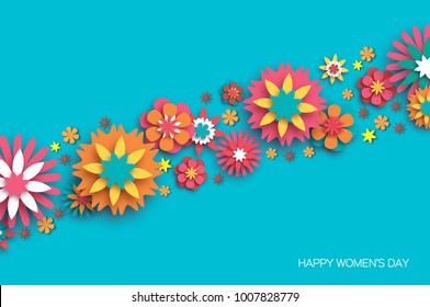 Colorful 8 March. Happy Women s Day. Trendy Mother s Day. Paper cut Floral Greeting card. Origami flower. Space for Text. Spring blossom on sky blue. Seasonal holiday. Modern paper decoration.