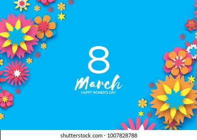 Colorful 8 March. Happy Women s Day. Trendy Mother s Day. Paper cut Floral Greeting card. Origami flower. Space for Text. Spring blossom on sky blue. Seasonal holiday. Modern paper decoration.