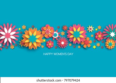 Colorful 8 March. Happy Women s Day. Trendy Mother s Day. Paper cut Floral Greeting card. Origami flower. Space for Text. Spring blossom on sky blue. Seasonal holiday. Modern paper decoration.