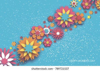 Colorful 8 March. Happy Women's Day. Trendy Mother's Day. Paper cut Floral Greeting card. Origami flower. Space for Text. Spring blossom on sky blue. Seasonal holiday. Modern paper decoration.