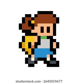 Colorful 8-bit pixel art of a girl student carrying a backpack. Ideal for back to school visuals, pixel games, or retro education content.